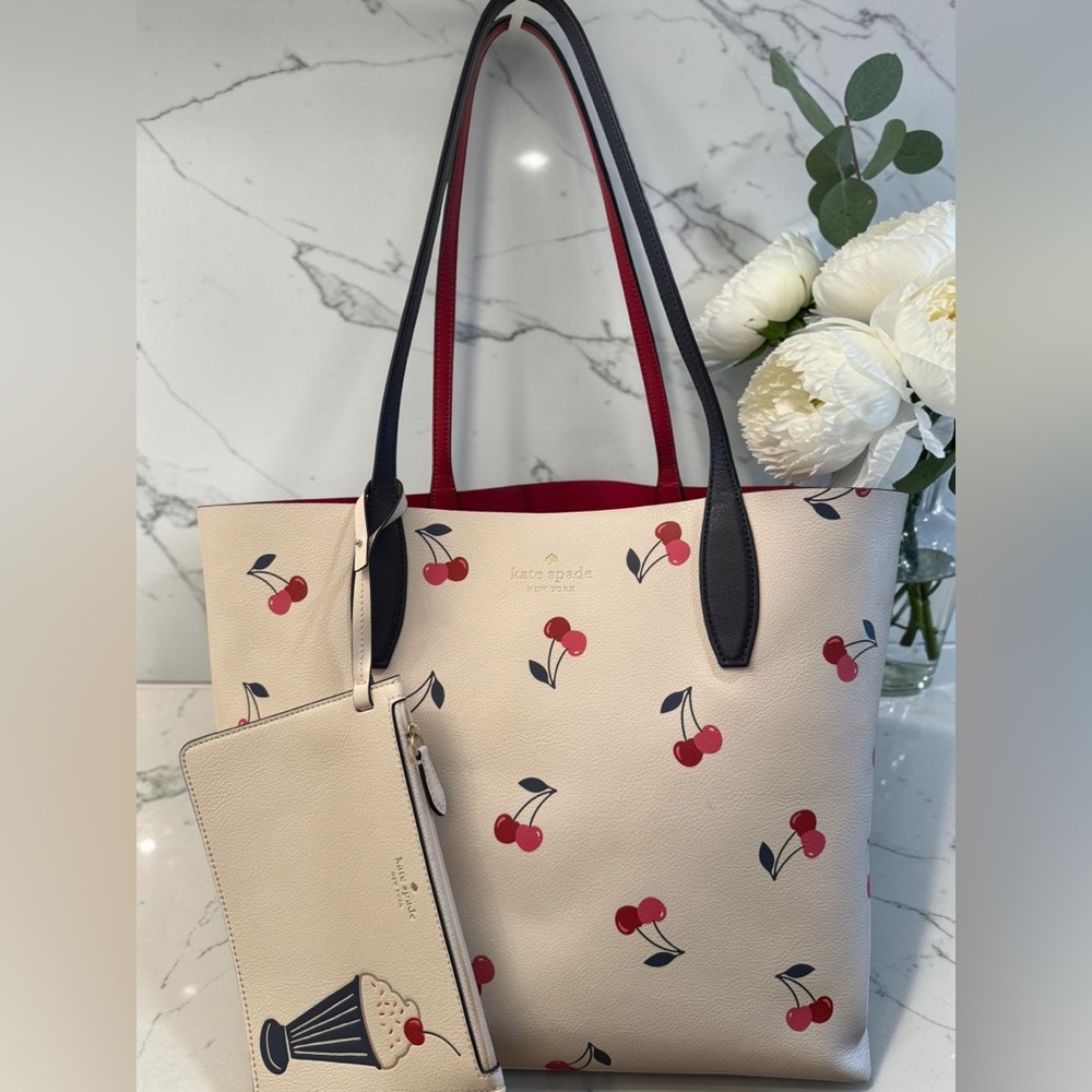 kate spade Tote and Pouch. Cherry & Ice Cream Print Reversible Red Inside NWOT